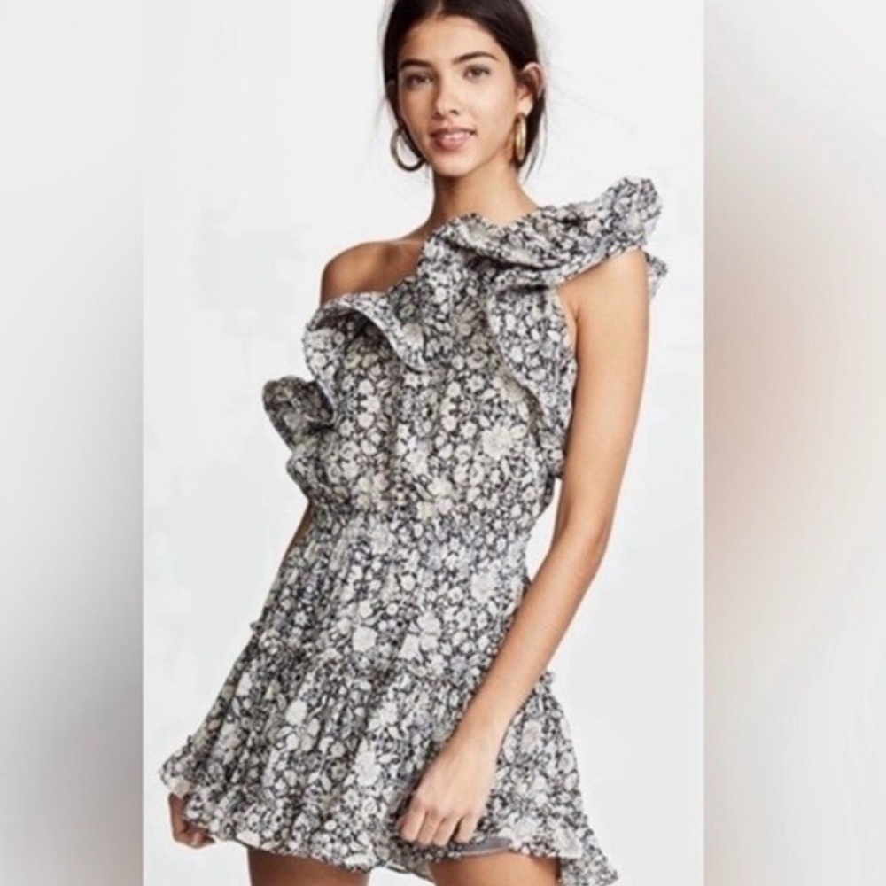 Misa Los Angeles Black and White One Shoulder Ruffled Sundress